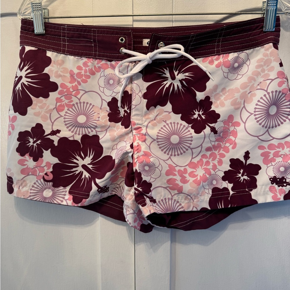 Reversable Floral Swim Shorts in Burgundy and Pink